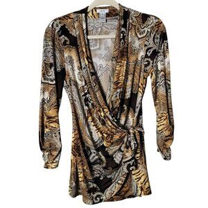 Cache Womens Animal Tiger Paisley Print Stretchy Elegant Surplice Wrap Blouse M